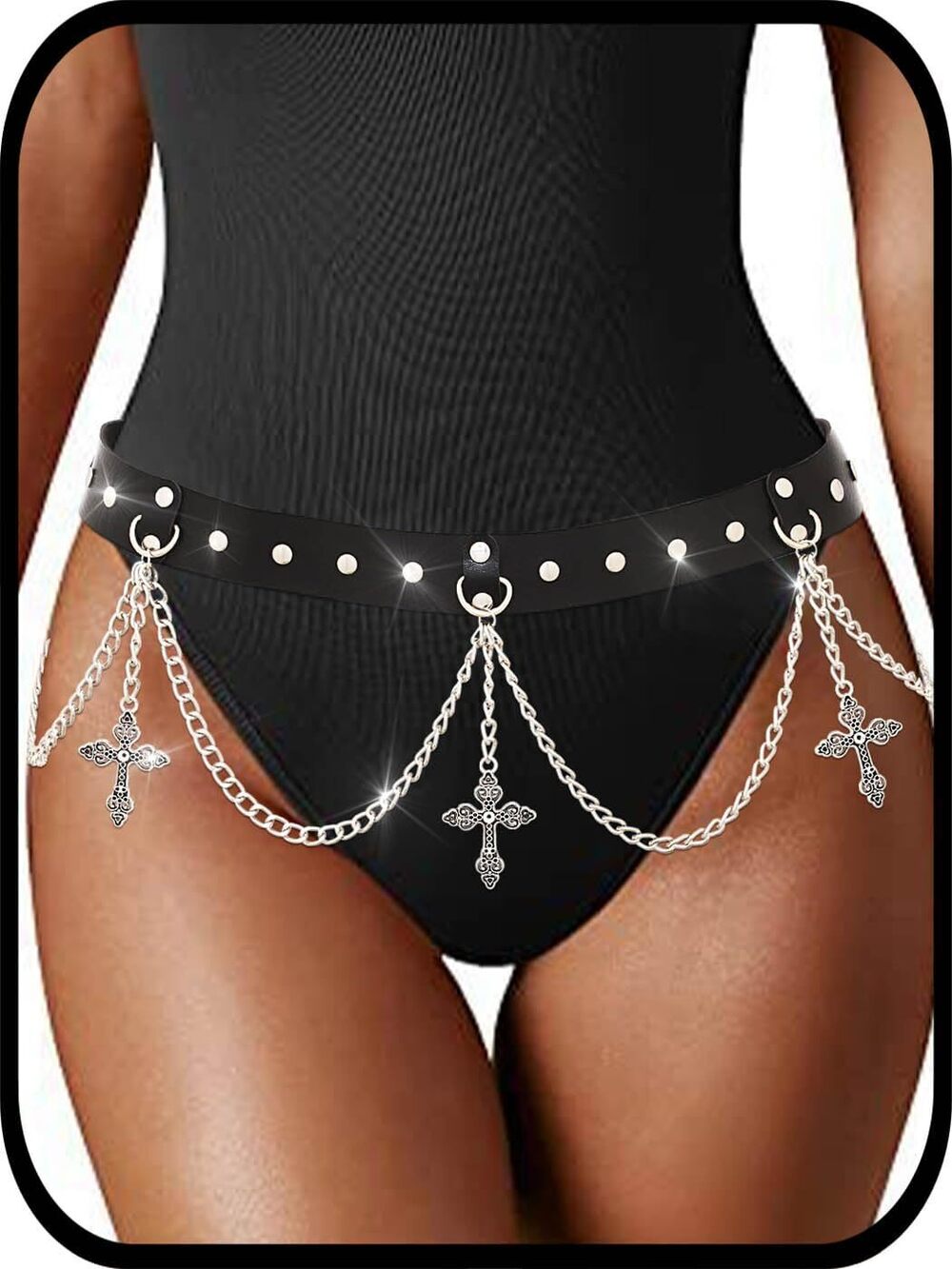 8156 Punk Leather Waist Chain Belt Cross Black Belly Chains Gothic Rave